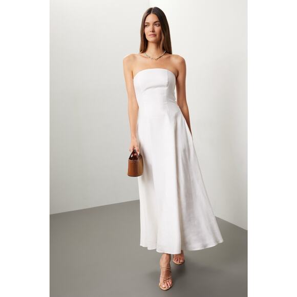 FAVORITE DAUGHTER White Cotton Strapless Favorite Linen Midi Dress Size 8 - Picture 1 of 16